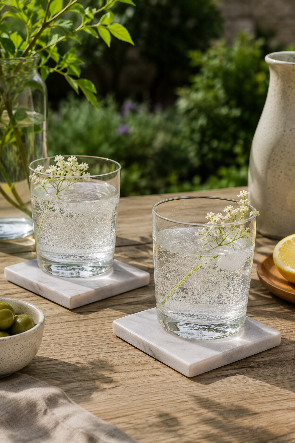 Two glasses of water with lemon slices and flowers on a wooden table outdoors.