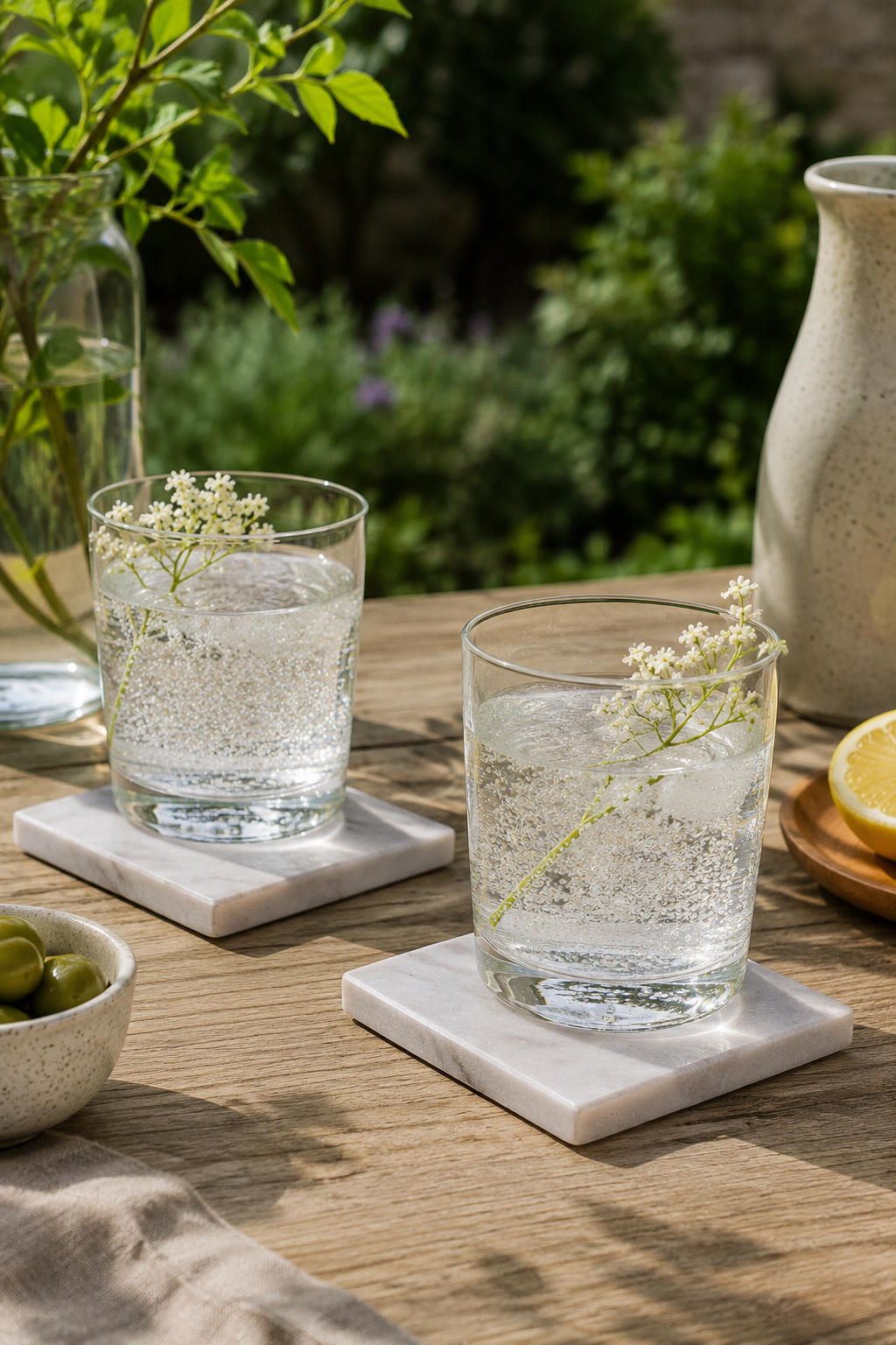 Two glasses of water with lemon slices and flowers on a wooden table outdoors.