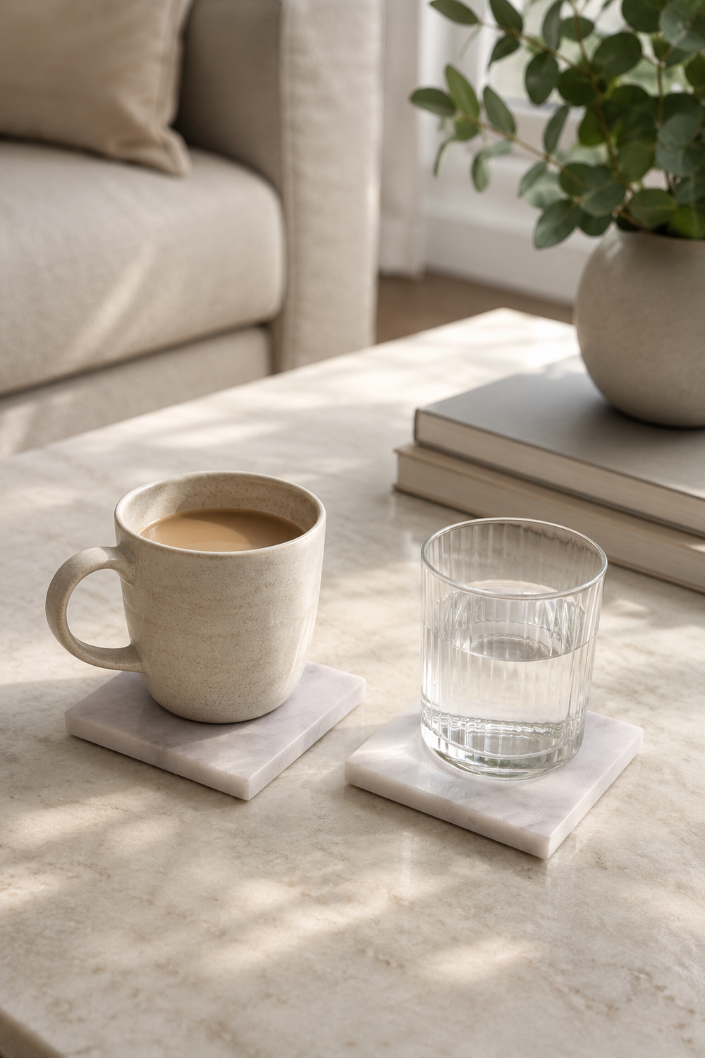 Cup of coffee and glass of water on marble coasters with a plant and books in the background.