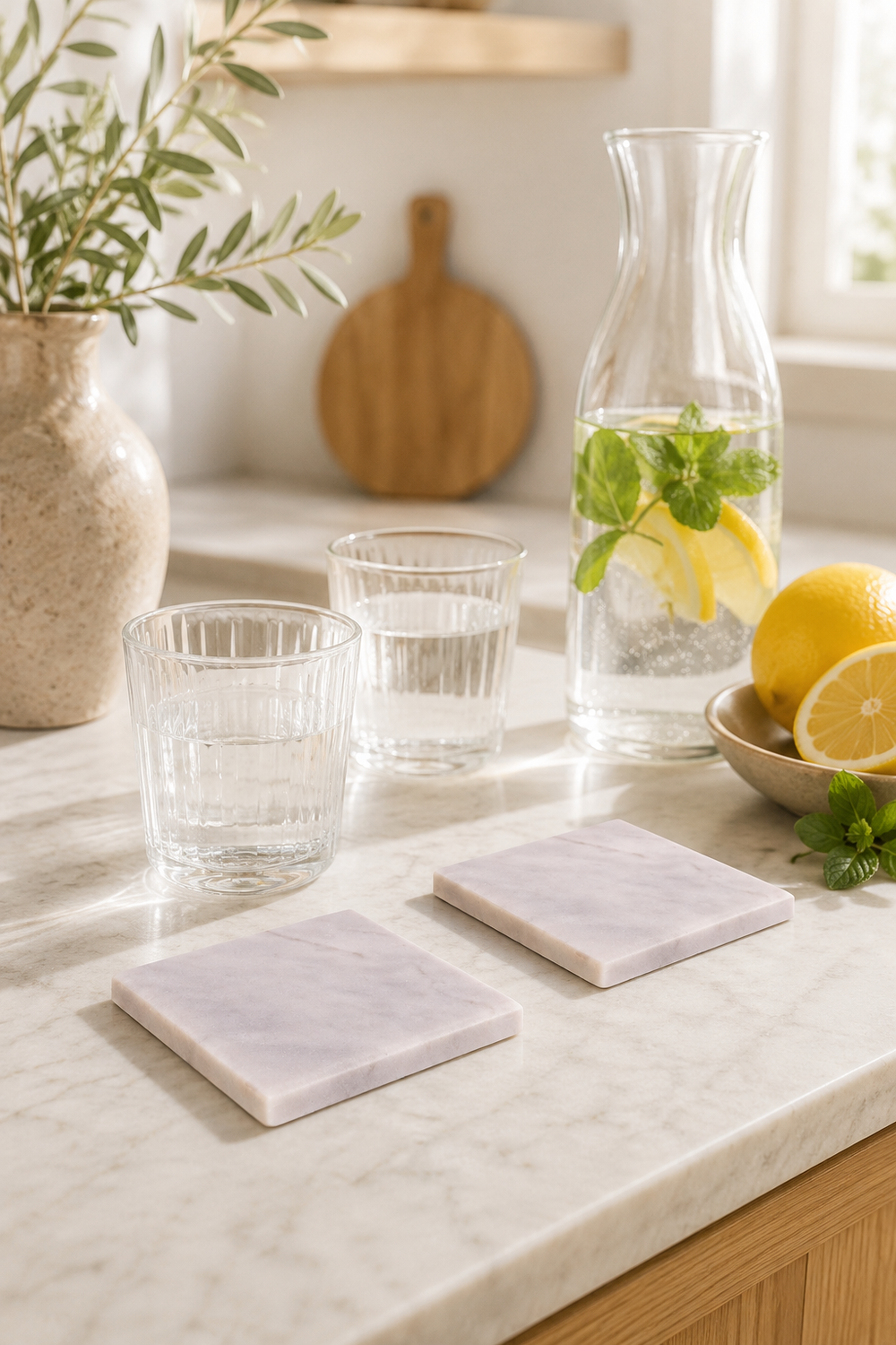 Marble coasters ,clear glasses, a carafe with water and lemon, on a marble countertop.