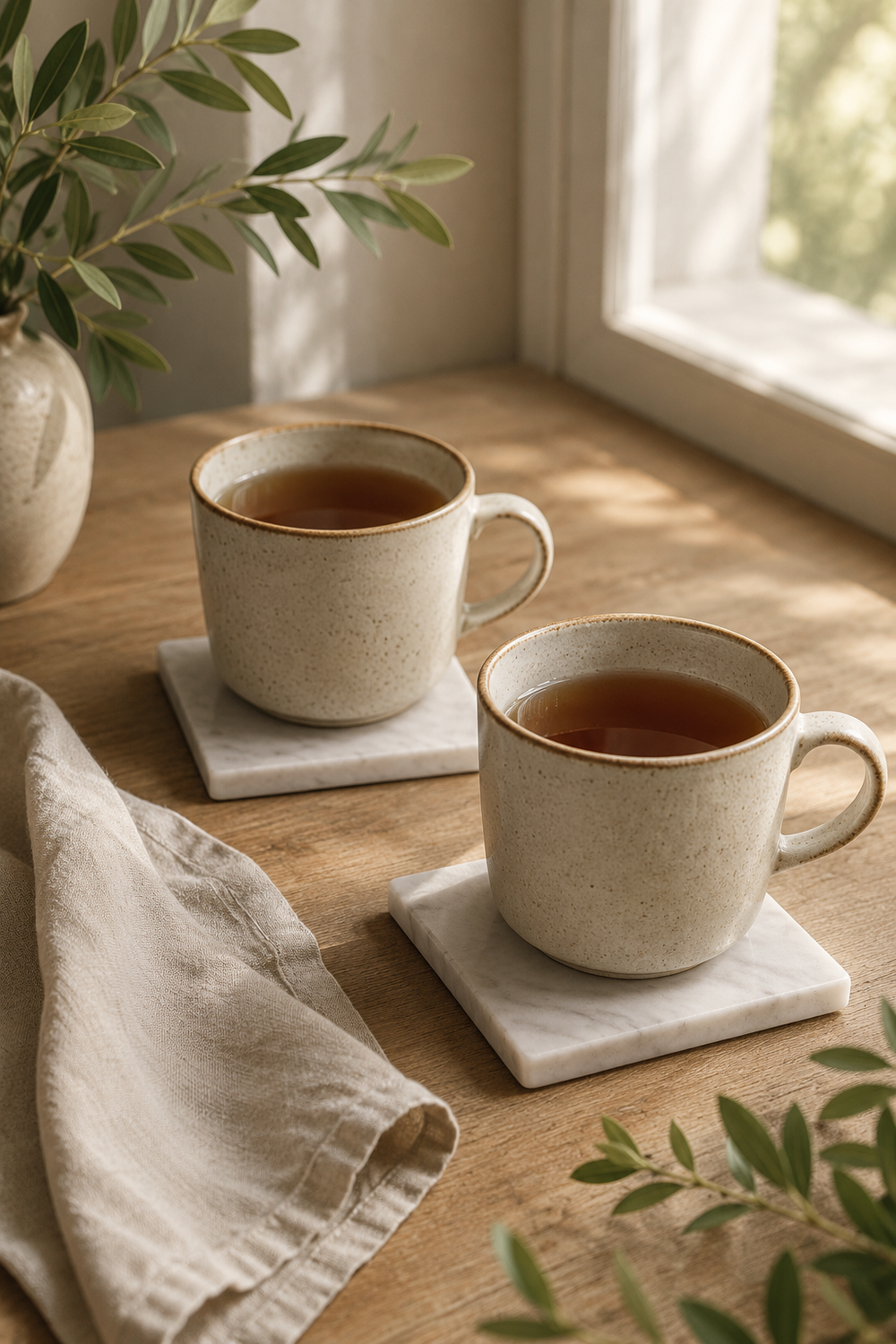 marble coasters with two ceramic mugs with tea on a wooden table near a window with natural light.