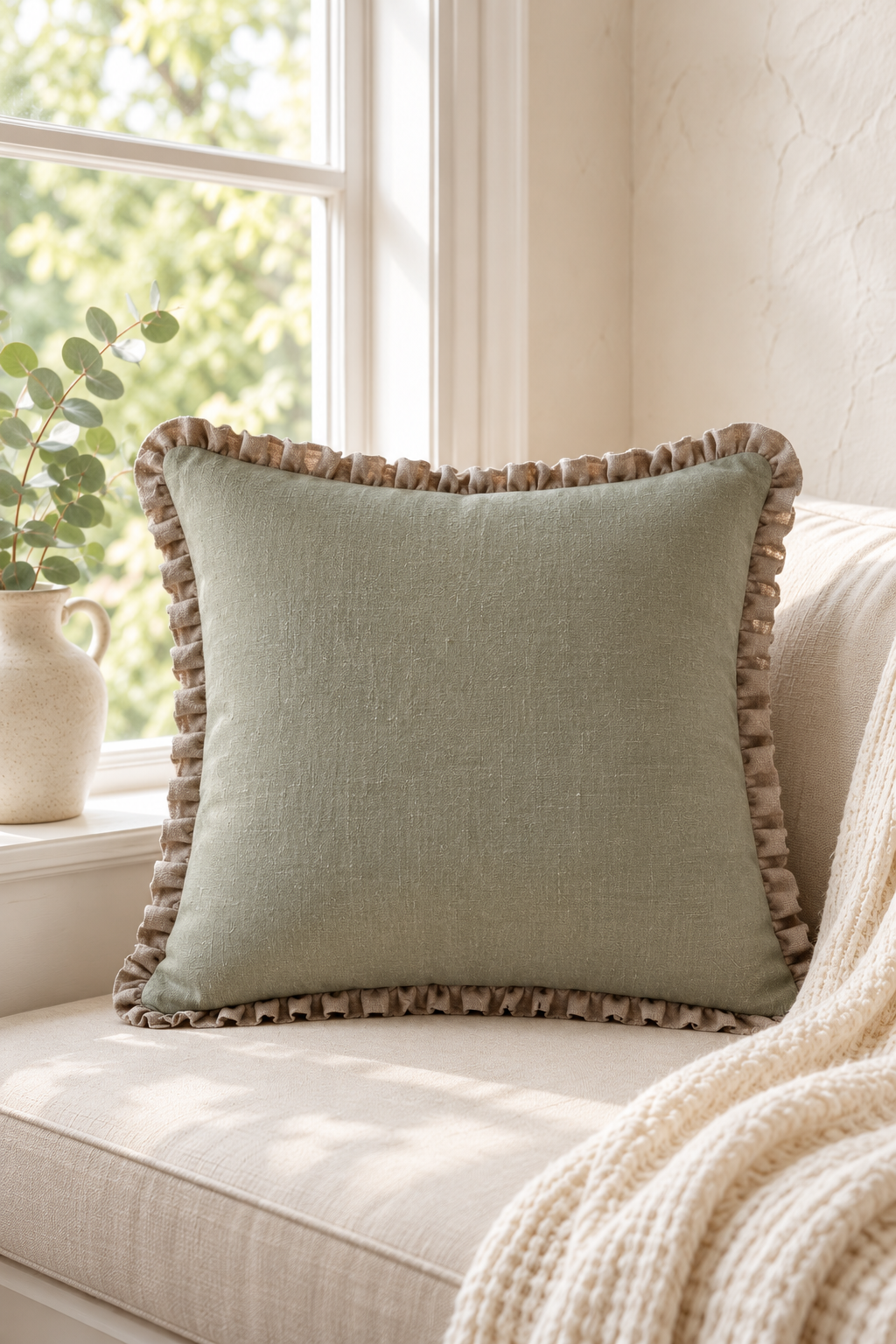 Square sage ruffle cushion on a linen window seat with eucalyptus and a cream throw.