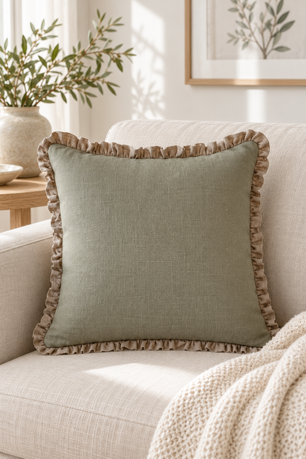 Square sage linen cushion with a natural ruffle on an oatmeal sofa beside a knitted cream throw.