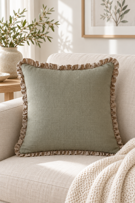 Square sage linen cushion with a natural ruffle on an oatmeal sofa beside a knitted cream throw.
