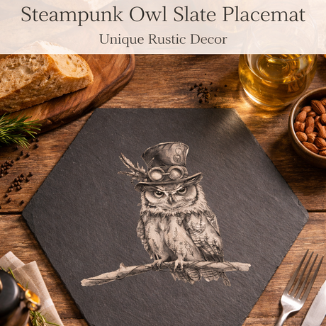 Steampunk owl design on a slate placemat with rustic dining setting.