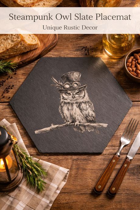 Hexagonal steampunk owl slate placemat on a rustic wooden table with cutlery and bread.
