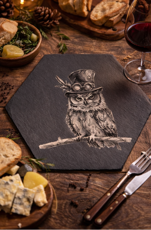 Slate placemat with owl illustration on a wooden table with food and wine.