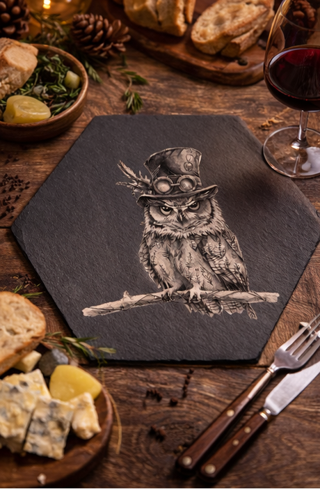 Slate placemat with owl illustration on a wooden table with food and wine.