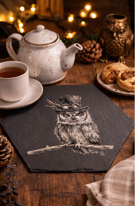 Slate Placemat with owl design on a wooden table with tea set and decorative items.