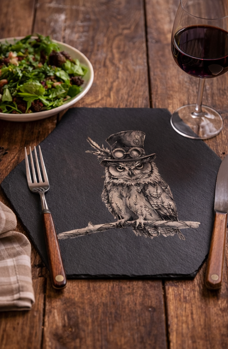 Slate placemat with owl design on a wooden table with salad and wine.