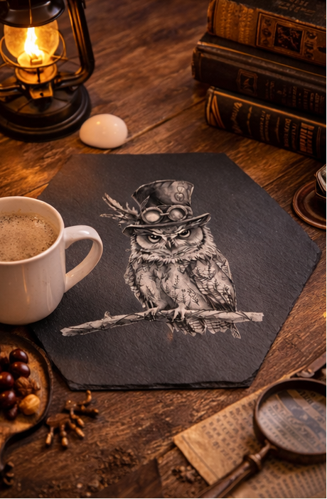 Slate placemat with owl design on a wooden table with a mug and lantern.