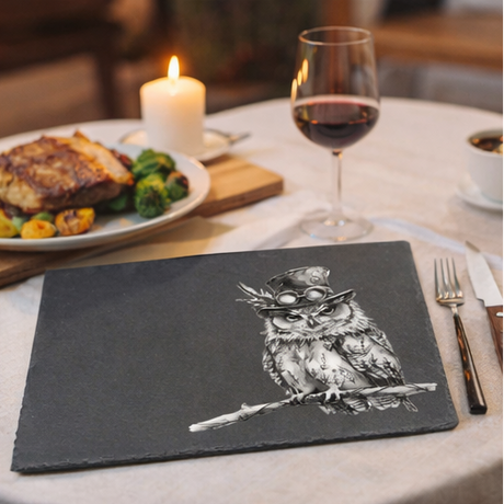 Slate placemats with owl design on  a table, 