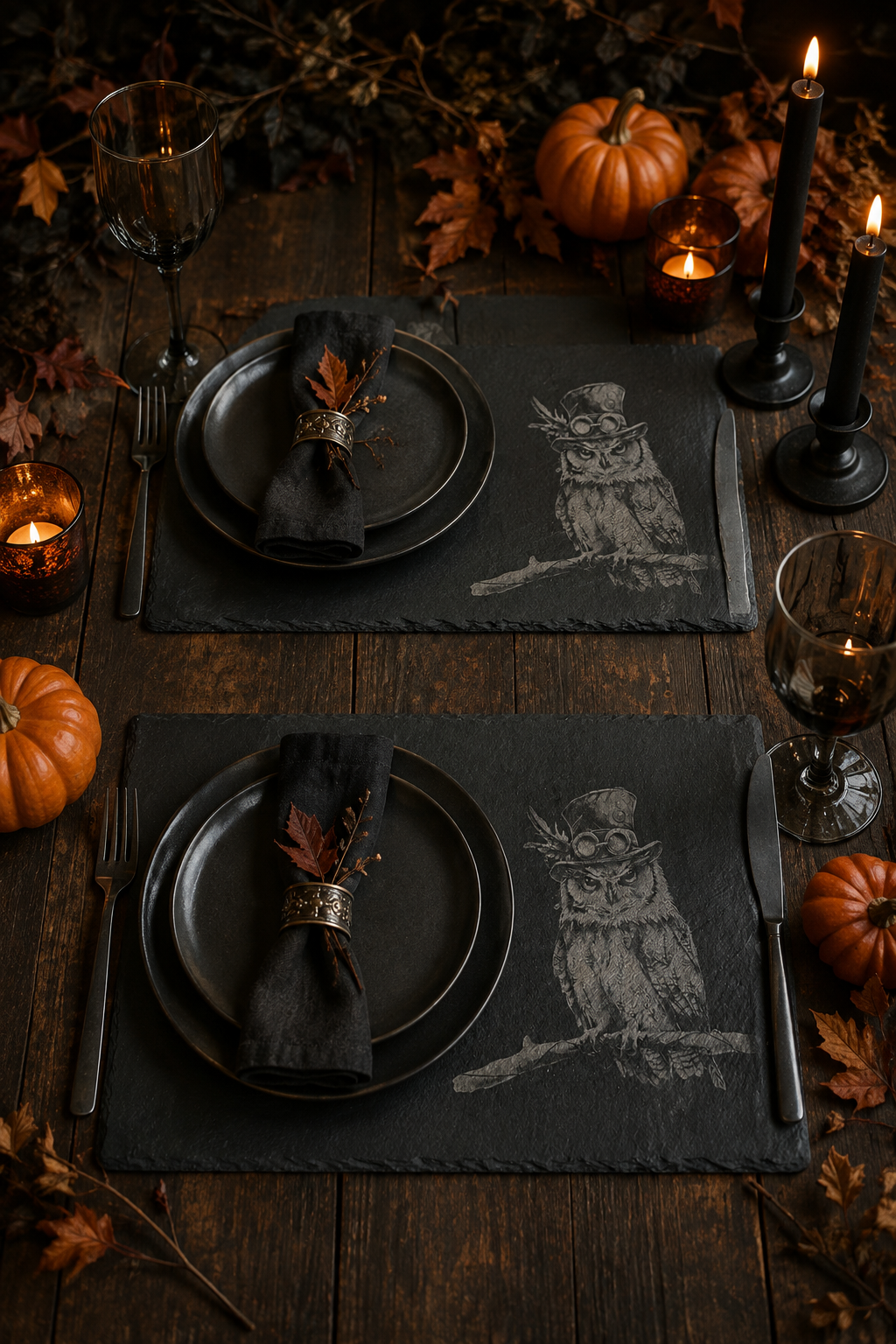 Two black slate place mats with a white owl illustration, styled on a rustic dark wood table with black plates, folded napkins, candle holders, wine glasses, and small pumpkins.