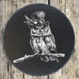 Round Natural Slate Placemat 33cm – Steampunk Owl Engraving