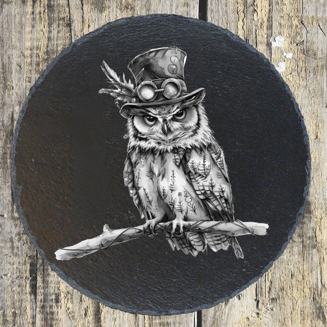 Round Natural Slate Placemat – 33cm (Steampunk Owl Engraving)
