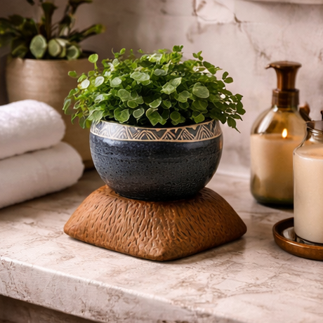 Stoneware Plant Pot with Oak Stand