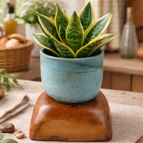 Potted succulent plant on a wooden stand in a home setting