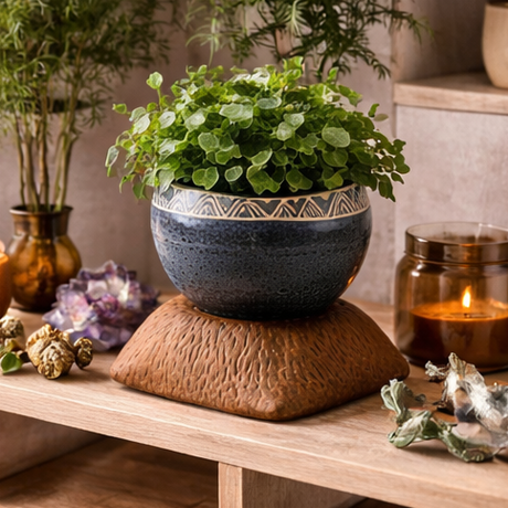 Stoneware Plant Pot with Oak Stand