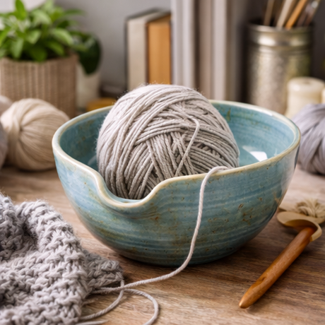 Stoneware bowl with ball of wool 