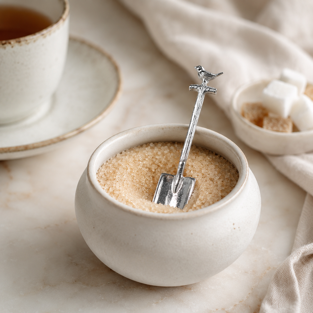 silver Sugar spoon spade with a robin on the handle.  