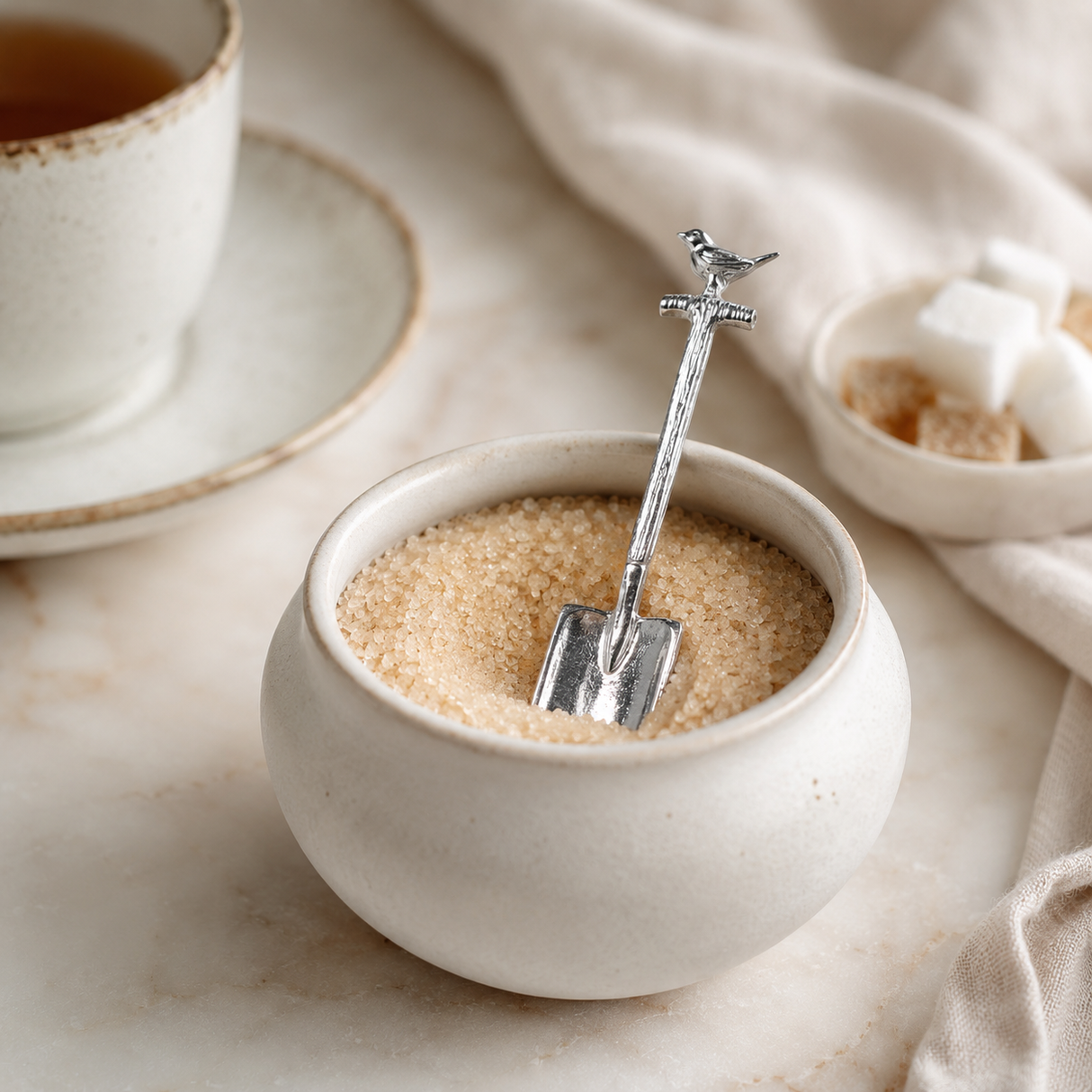 silver Sugar spoon spade with a robin on the handle.  