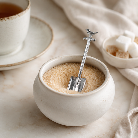 silver Sugar spoon spade with a robin on the handle.  