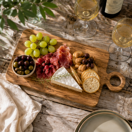 Wooden cutting board with assorted cheeses, meats, and grapes on a rustic wooden table.