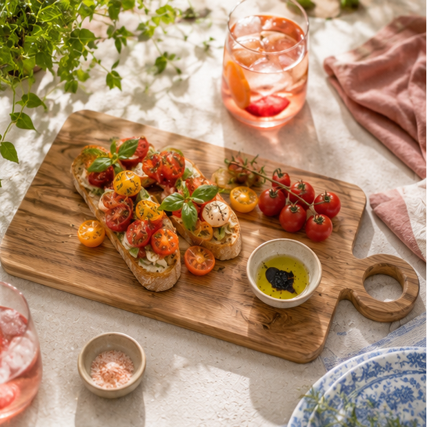 Wooden cutting board with bruschetta and cherry tomatoes on a light surface with glasses of pink drinks.