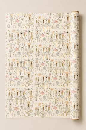 A roll of wrapping paper with a repeating pattern of Fashion Girls figures in pastel pink, beige, and grey on an off-white background, shown partially unrolled.