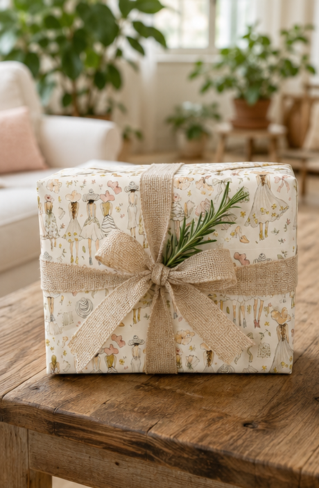 A square gift box wrapped in cream wrapping paper with a delicate vintage illustration Summer Fashion Sketch Wrapping Paper pattern, tied with a rustic burlap ribbon and bow, and decorated with a green pine sprig, sitting on a wooden table in a cozy living room setting.