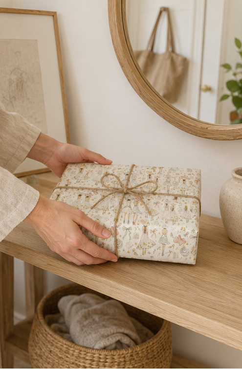 A person's hands are shown wrapping a gift box with a cream coloured paper featuring a delicate Summer Fashion Sketch Wrapping Paper pattern and tied with natural twine, set in a warm, neutral-toned room with a wooden shelf and mirror.