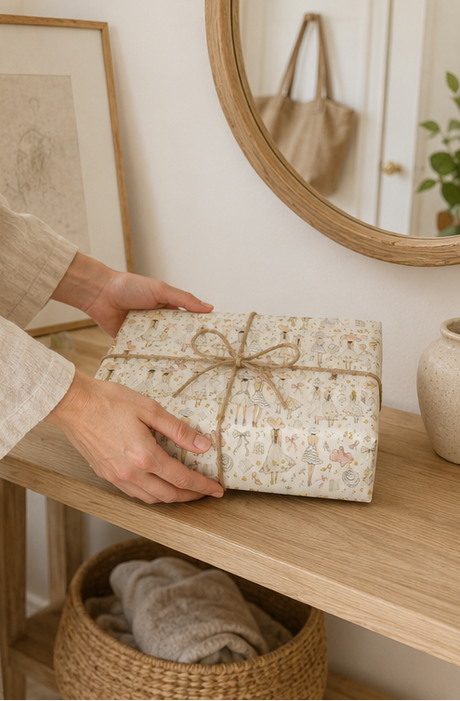 A person's hands are shown wrapping a gift box with a cream coloured paper featuring a delicate Summer Fashion Sketch Wrapping Paper pattern and tied with natural twine, set in a warm, neutral-toned room with a wooden shelf and mirror.