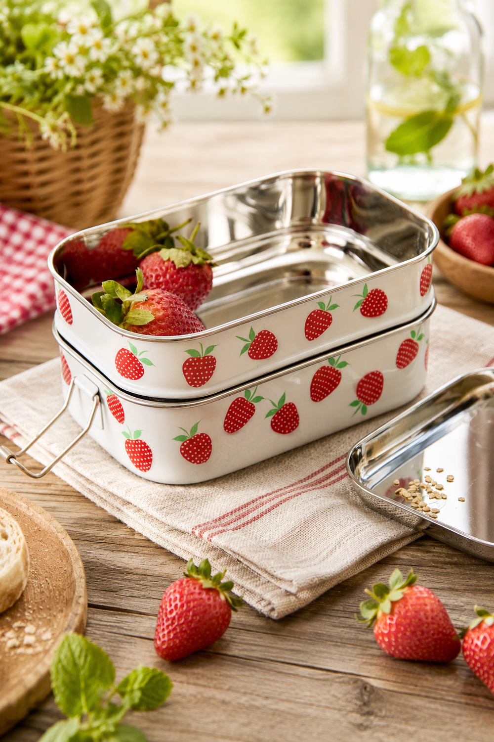 Summer Strawberries hand-painted stainless steel tiffin lunch box with three compartments