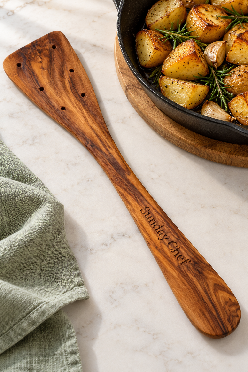 Six-hole olive wood spatula engraved “Sunday Chef”, beside a skillet of roast potatoes, rosemary and garlic.