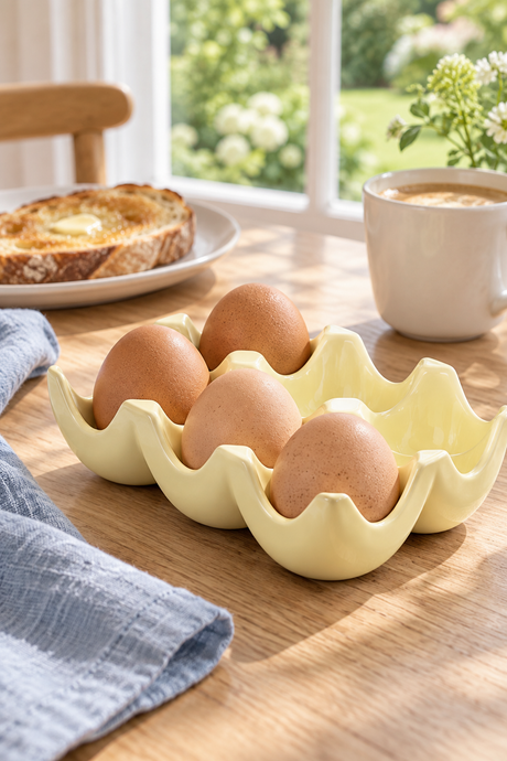 A pale yellow egg carton holding four brown eggs on a wooden table in a bright kitchen setting, with toast, a cup of coffee, and a window view in the background.