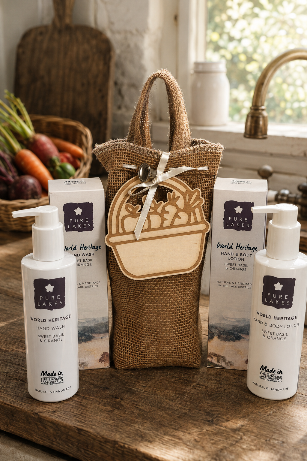 A gift set from Pure Lakes World Heritage featuring a hessian bag with a wooden personalised tag, two white pump bottles of hand wash and body lotion, and two white boxes, arranged on a rustic wooden table in a kitchen setting.