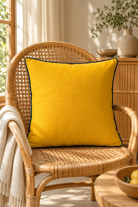 Plain mustard square cushion with blue piping against white pillows and a natural linen upholstered headboard.