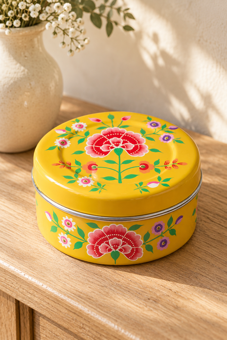 Gift set containing five hand-poured beeswax-blend candles in handmade terracotta pots and one reusable yellow stainless steel tin. The round tin is hand-painted in Kashmir with multicoloured floral decoration.