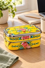 Three rectangular stainless steel lunch boxes with lids, arranged on a beige stone surface. The lids and sides feature a bright yellow background with colorful floral and leaf patterns in pink, blue, green, and red.