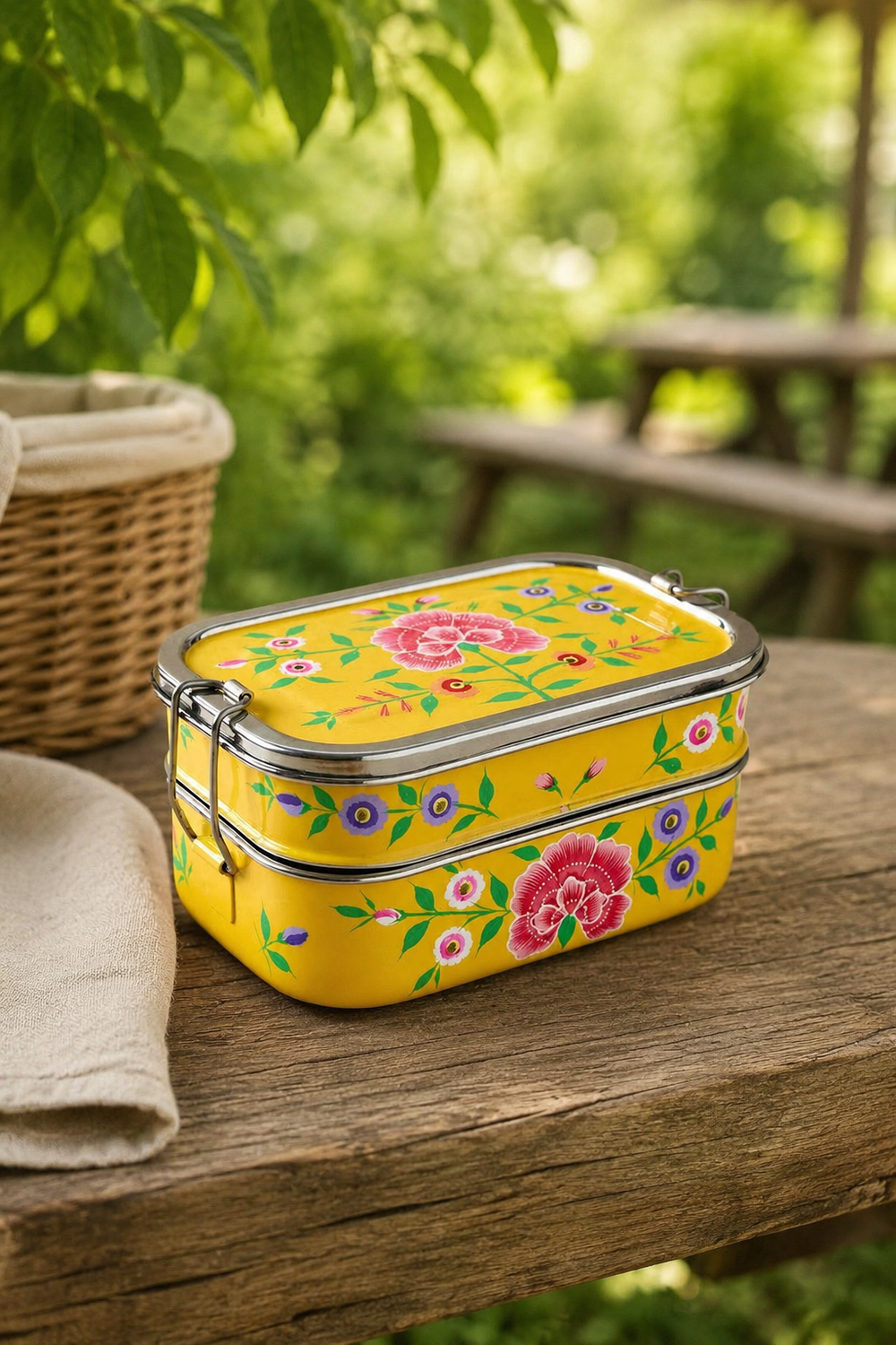 Sunshine hand-painted stainless steel tiffin lunch box with three compartments