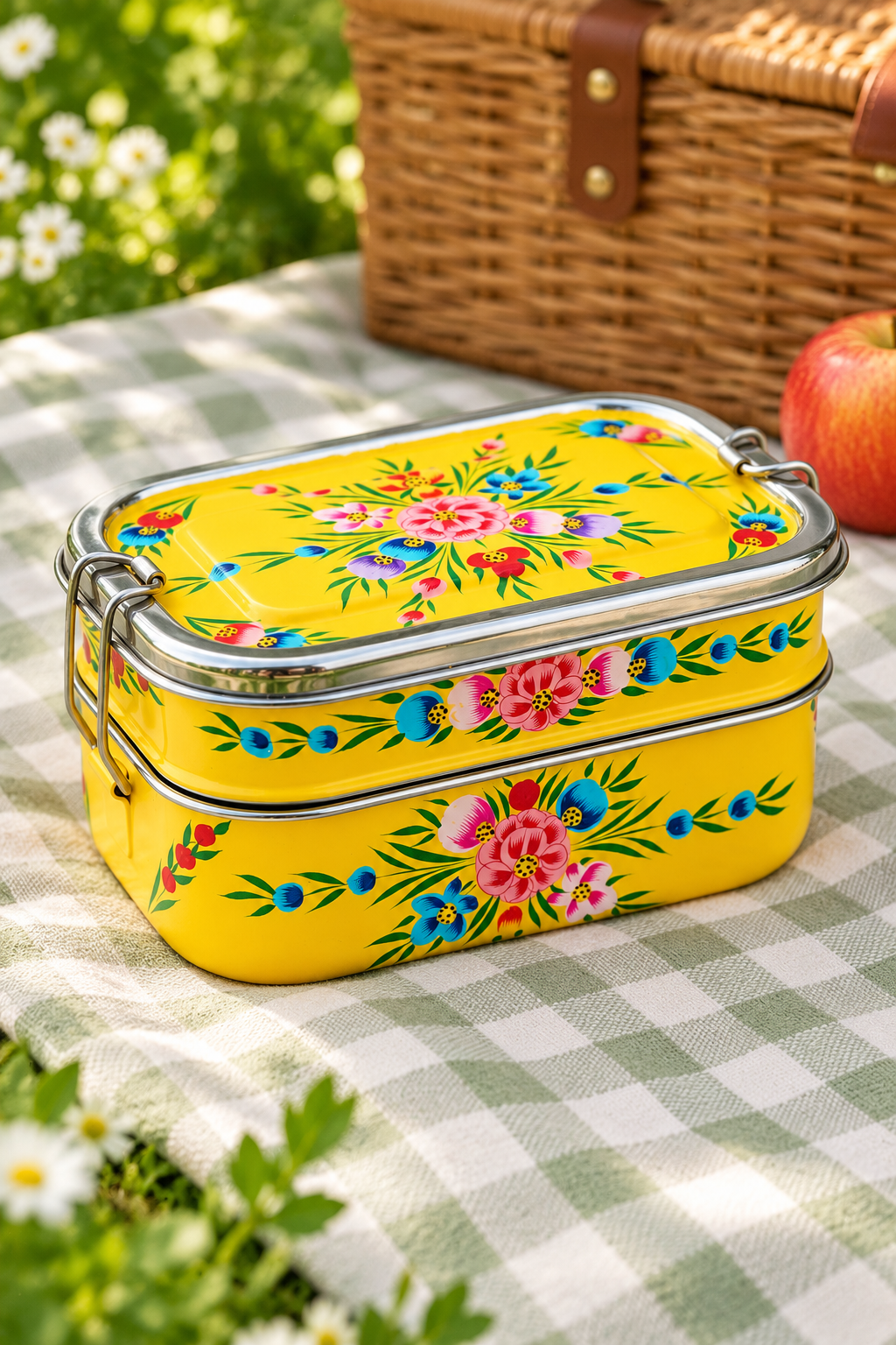 A bright yellow metal bento lunch box with colorful floral embroidery, resting on a green and white checkered picnic blanket with a wicker basket and apple in the background.