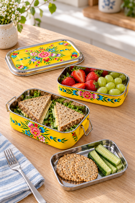 Three yellow floral metal lunch boxes arranged on a wooden table, filled with sandwiches, strawberries, grapes, crackers, and cucumber slices. A striped napkin and fork are visible, with flowers and a shelf in the background.
