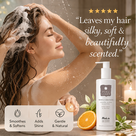 Promotion of Pure Lakes Keratin Silken Shampoo with product images and text highlighting benefits. Sweet Basil & Orange Keratin Silken Shampoo
