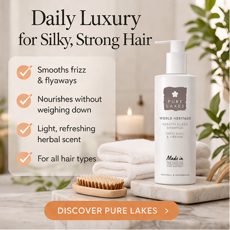 Promotion of Pure Lakes Keratin Silken Shampoo with product images and text highlighting benefits.