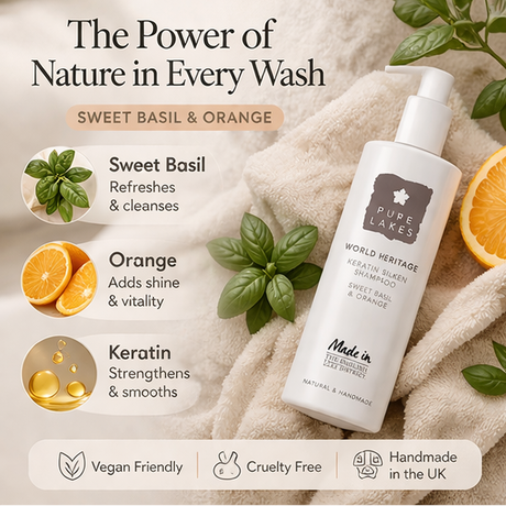 Promotion of Pure Lakes Keratin Silken Shampoo with product images and text highlighting benefits.