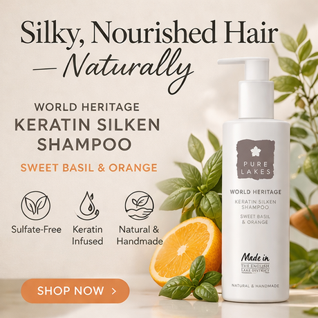 Promotion of Pure Lakes Keratin Silken Shampoo with product images and text highlighting benefits.