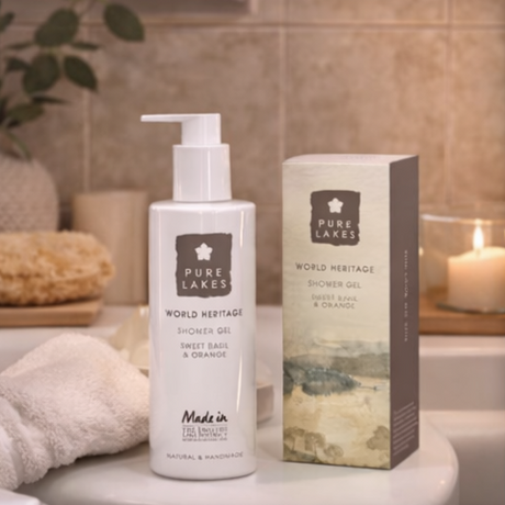 Pure Lake world heritage shower gel with in a bathroom setting