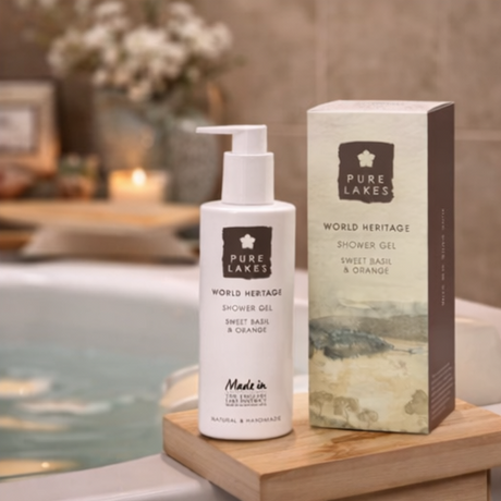 Pure Lake world heritage shower gel in a bathroom setting