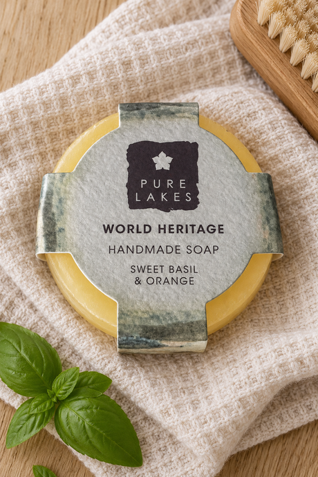 A round bar of Pure Lakes Handmade Soap in 'Sweet Basil & Orange' scent, wrapped in a rustic gray paper sleeve. The soap is displayed on a textured beige linen cloth, with fresh green basil leaves in the foreground and a wooden brush in the background.