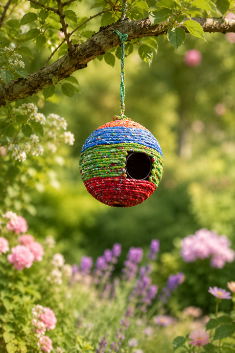 Colorful birdhouse hanging from a tree branch with flowers and greenery in the background